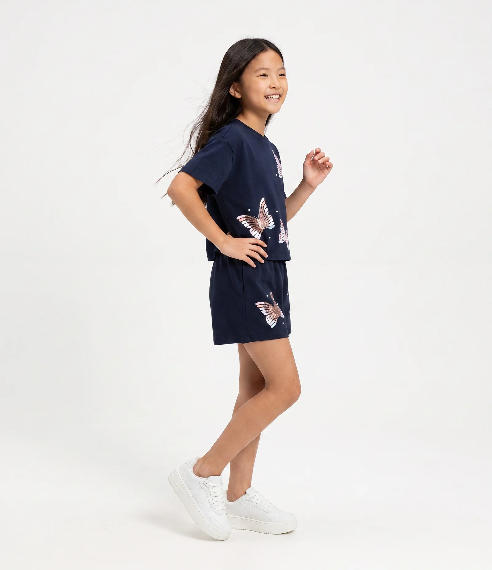 Camiseta Infantil em Algodão com Paetê de Borboletas - Tam 5 a 16 Anos Azul 1