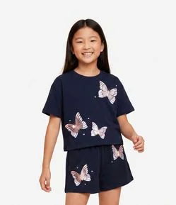 Camiseta Infantil em Algodão com Paetê de Borboletas - Tam 5 a 16 Anos