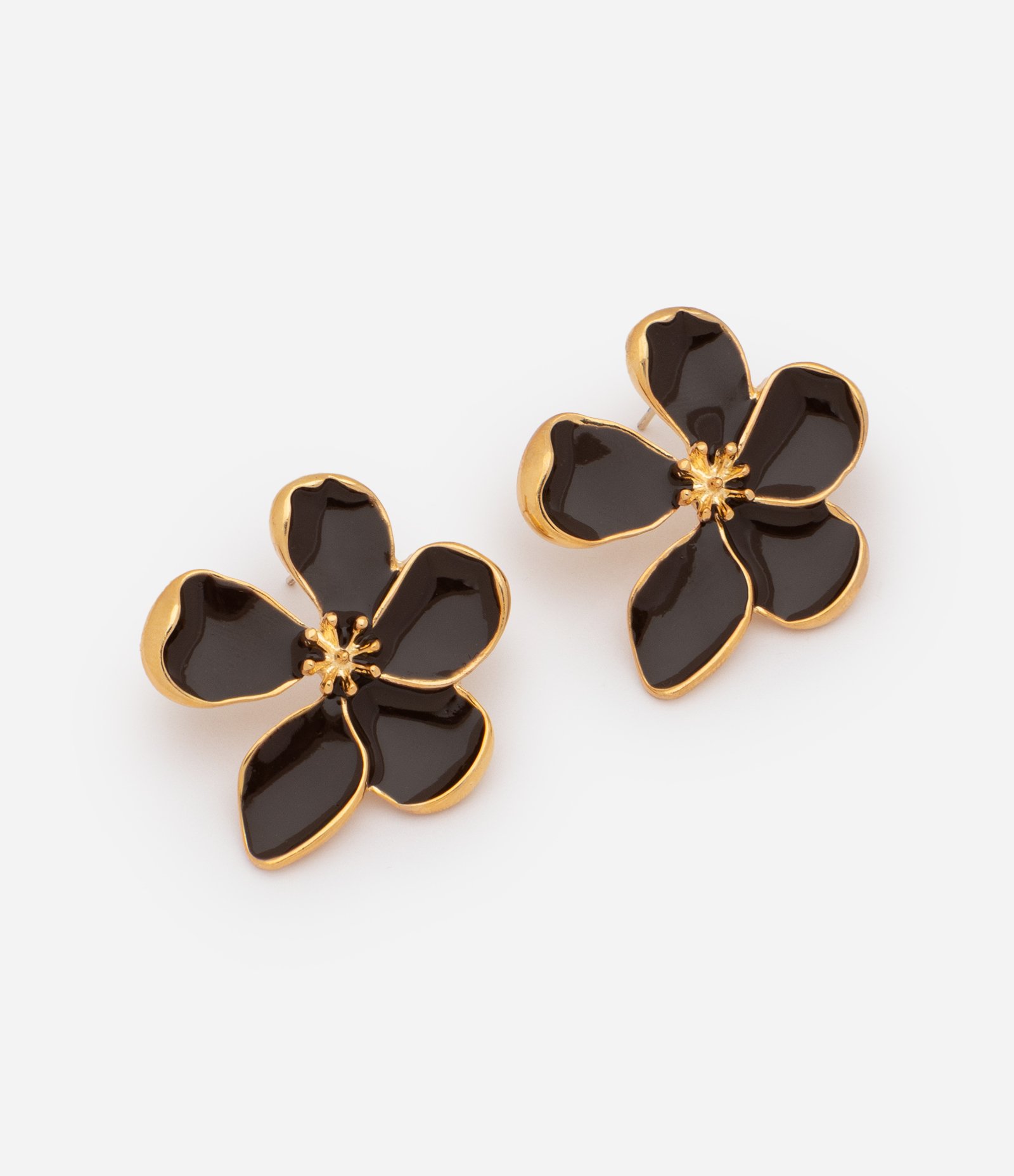 Brinco Botão com Formato de Flor Esmaltada Dourado/Marrom 1