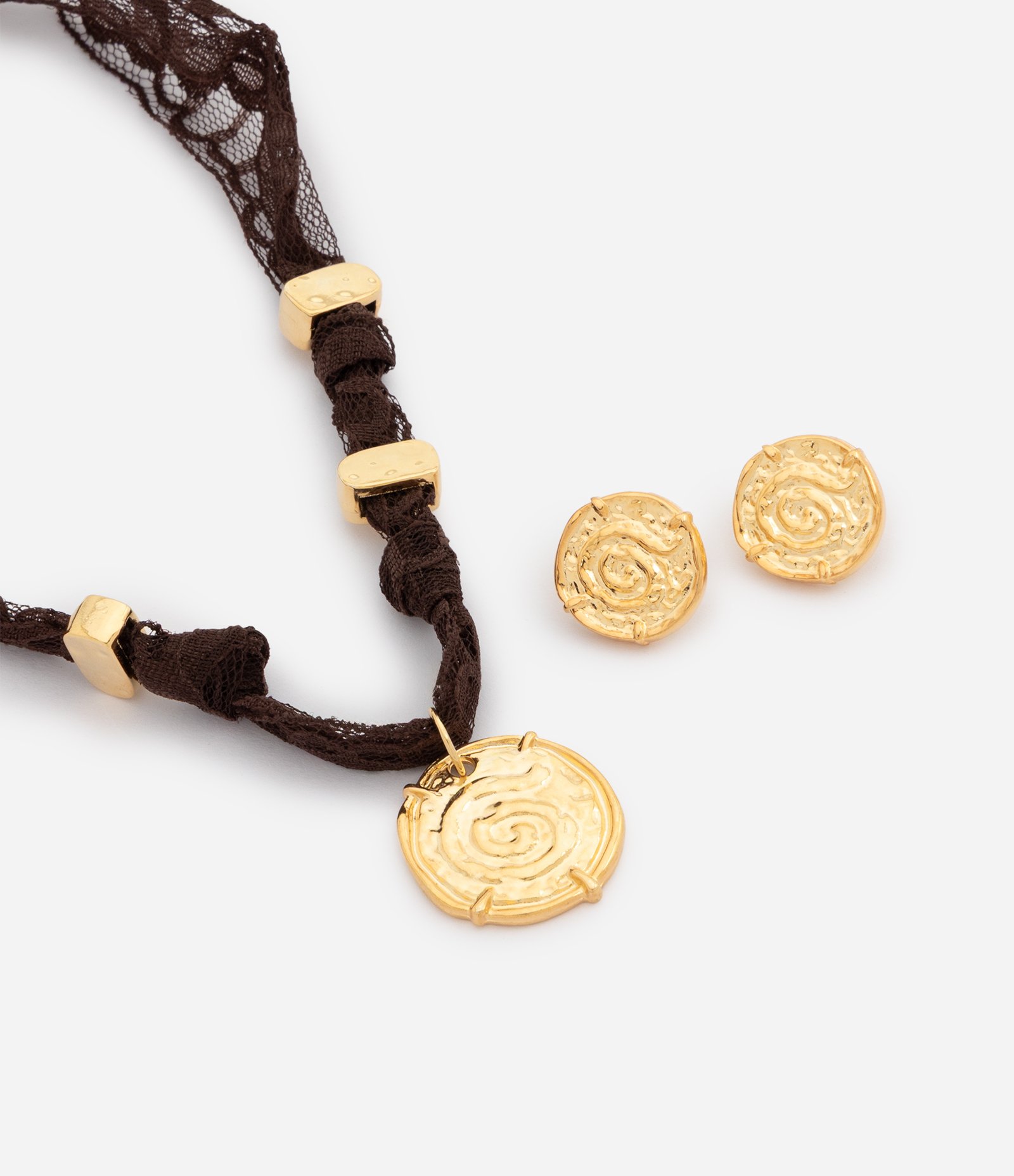 Conjunto Colar e Brinco em Metal com Pingente Texturizado Dourado 1