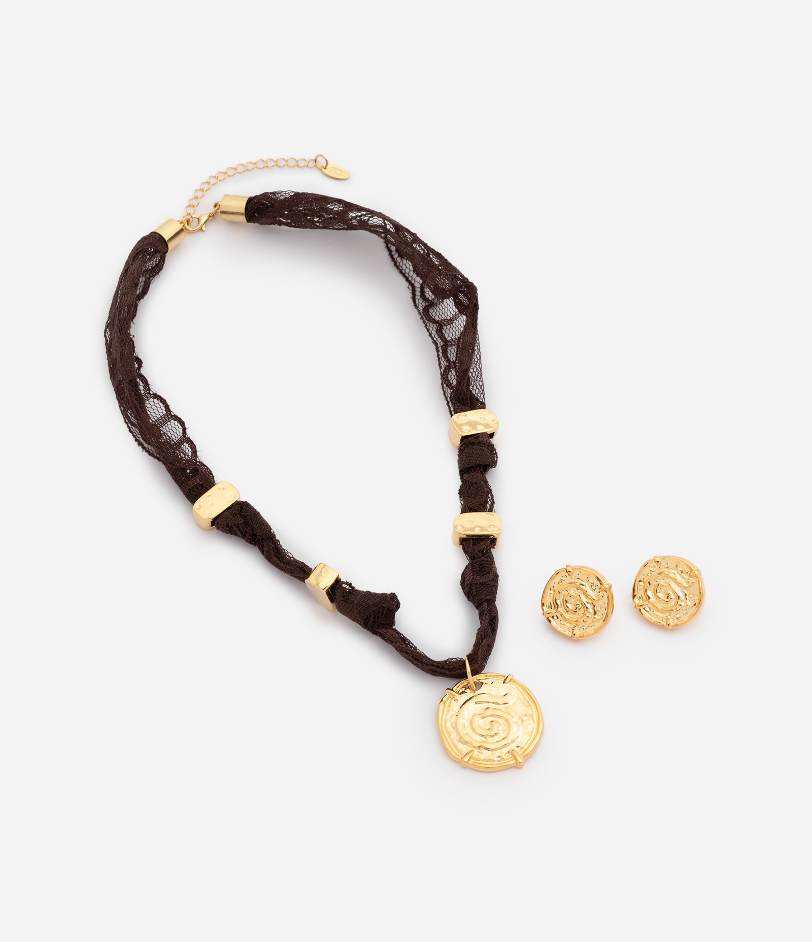 Conjunto Colar e Brinco em Metal com Pingente Texturizado Dourado 2