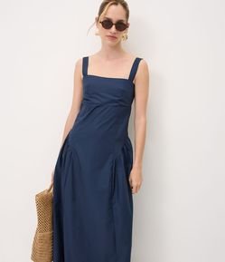 Vestido Midi em Tricoline com Decote Quadrado