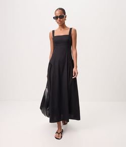 Vestido Midi em Tricoline com Decote Quadrado