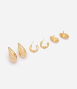 Kit de 03 Brincos com Modelo Argola Torcida e Gotas