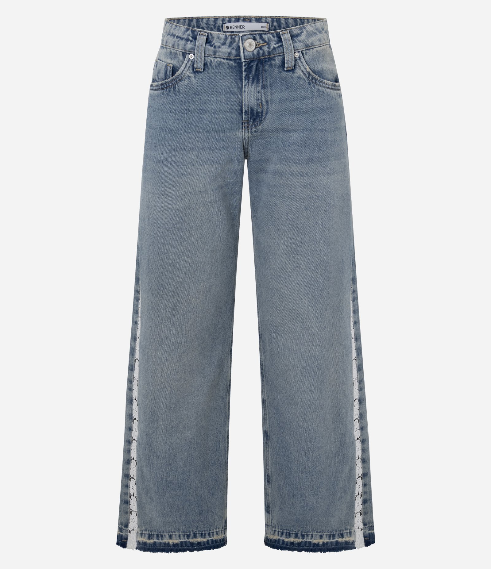 Calça Wide em Jeans com Cintura Baixa e Renda Lateral Azul 6