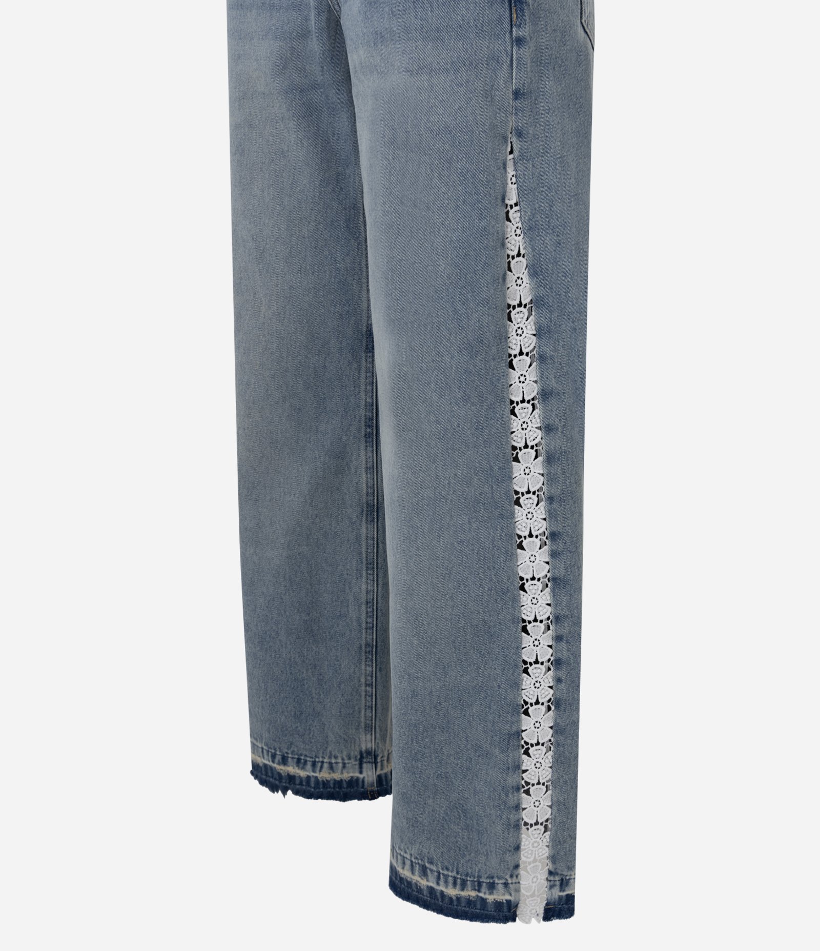 Calça Wide em Jeans com Cintura Baixa e Renda Lateral Azul 7
