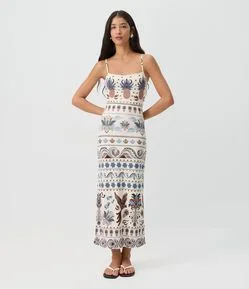 Vestido Midi Alcinha em Ribana com Estampa Tropical com Abacaxis