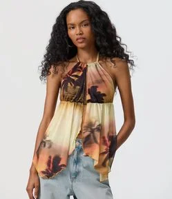 Blusa Assimétrica em Tule com Estampa Paisagem e Recortes Vazados