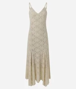 Vestido Midi em Renda com Alças Finas e Barra Assimétrica