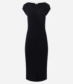 Vestido Midi em Ribana com Decote Canoa