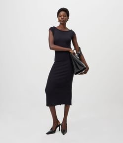 Vestido Midi em Ribana com Decote Canoa