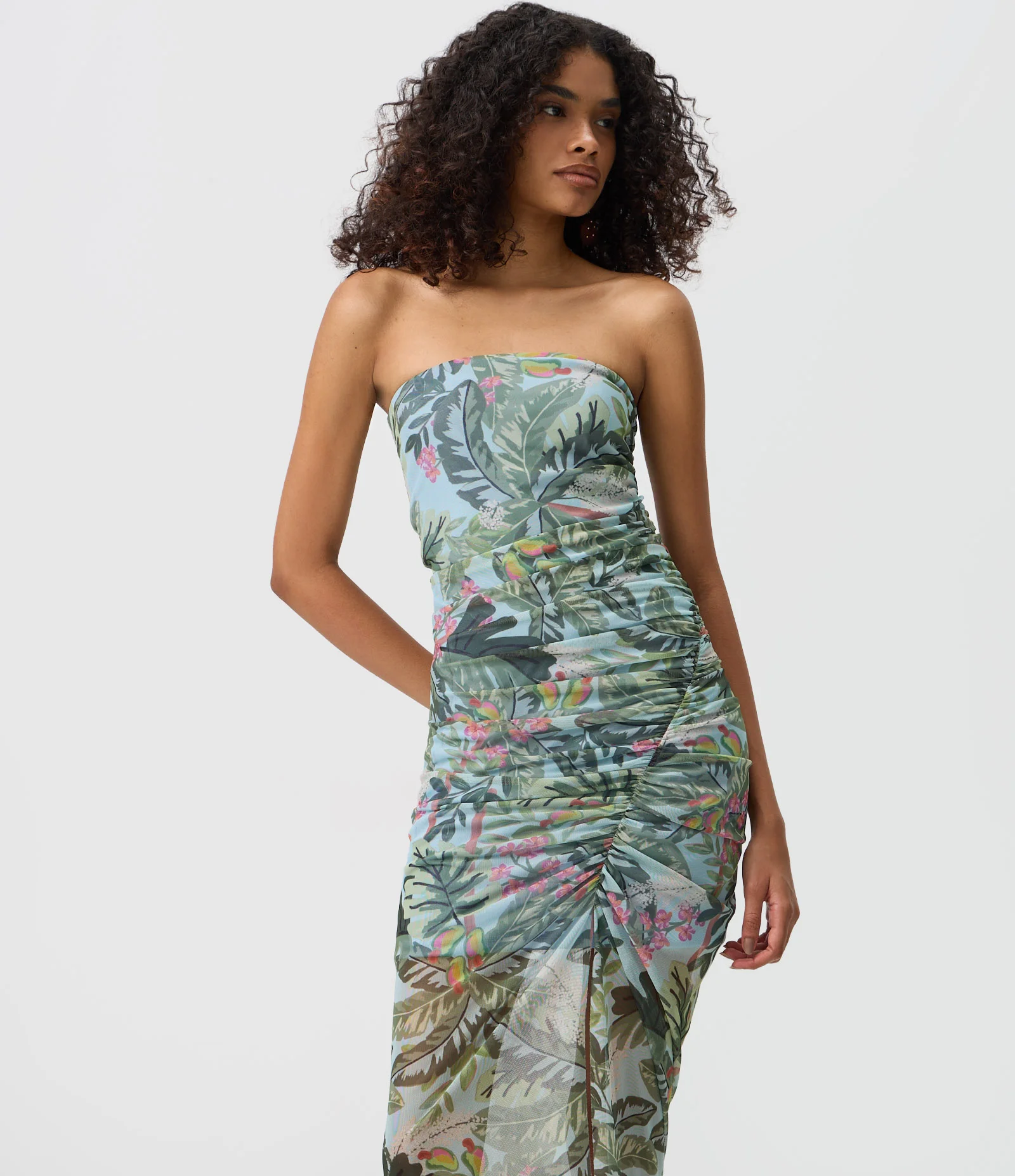 Vestido Tomara que Caia Midi em Tule Estampado com Drapeados Laterais Azul 2