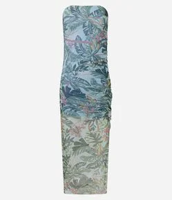 Vestido Tomara que Caia Midi em Tule Estampado com Drapeados Laterais