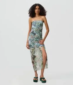 Vestido Tomara que Caia Midi em Tule Estampado com Drapeados Laterais