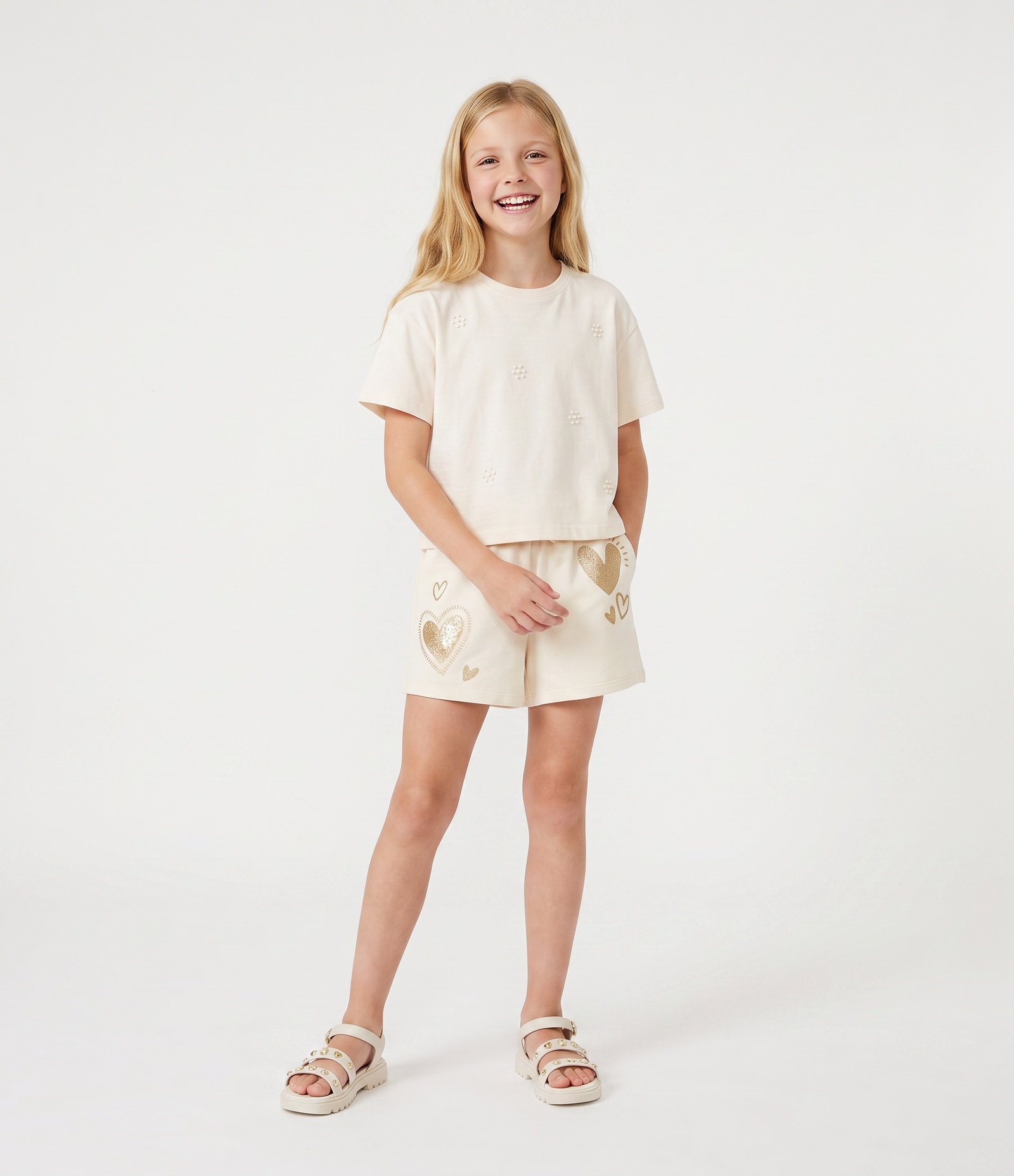 Short Infantil Em Algodão Paetê Corações - Tam 5 a 16 Anos Bege 1