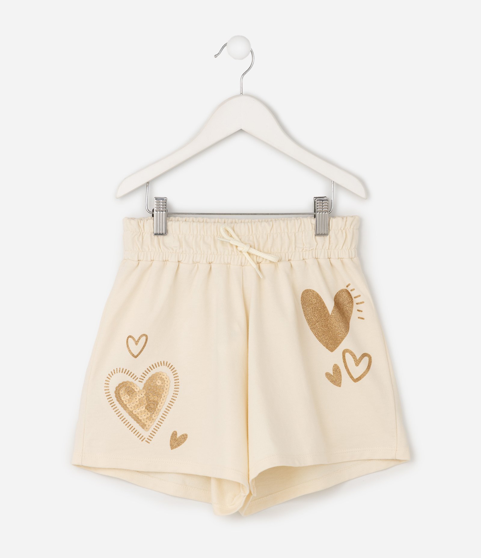 Short Infantil Em Algodão Paetê Corações - Tam 5 a 16 Anos Bege 2