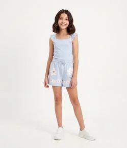 Short Infantil Em Algodão Paetê Flores Coração - Tam 5 a 16 Anos