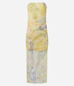 Vestido Midi em Tule com Estampa Araras Abstrata e Efeito Drapeado