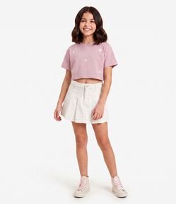 Short Saia Jeans com Pregas Frontais Infantil - Tam 5 a 16 Anos