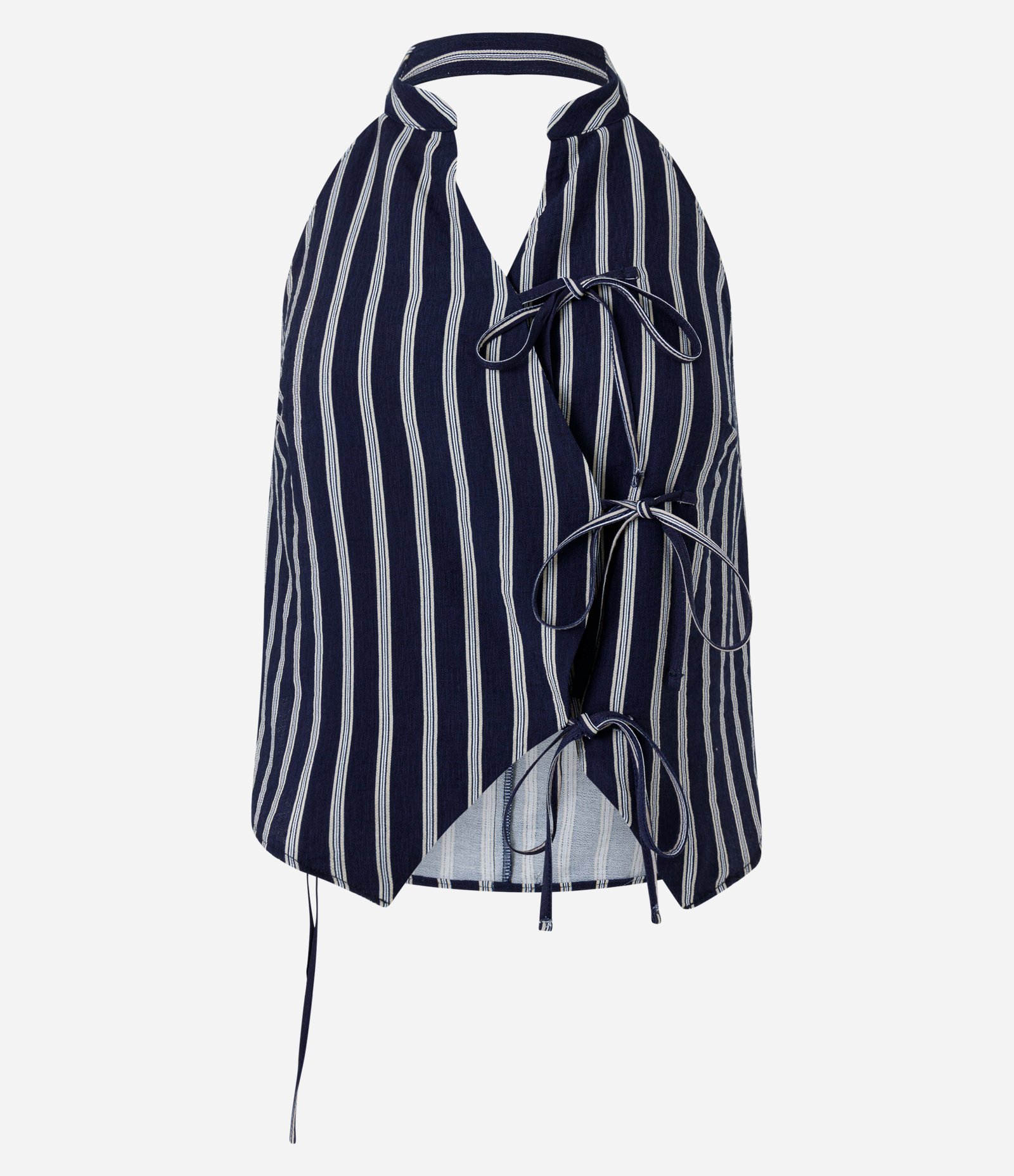 Blusa Frente Única em Tricoline Listrado com Laços Frontais Preto 5
