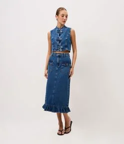 Saia Midi em Jeans com Babado na Barra