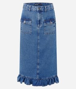 Saia Midi em Jeans com Babado na Barra