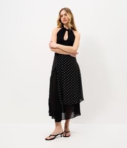 Saia em Chiffon com Estampa Poá e Barra Assimétrica