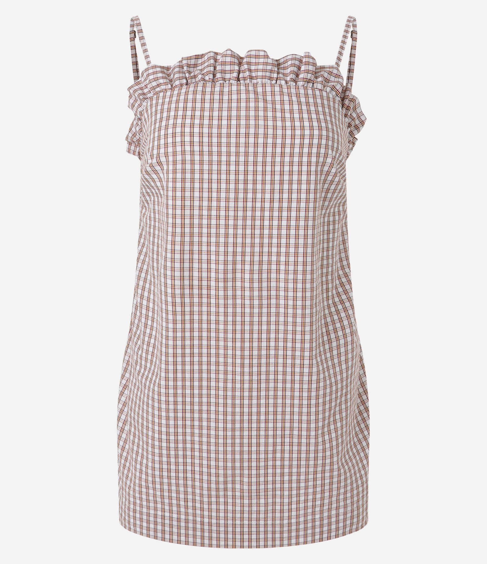 Vestido Curto em Tricoline Xadrez com Babados no Decote Bege 5