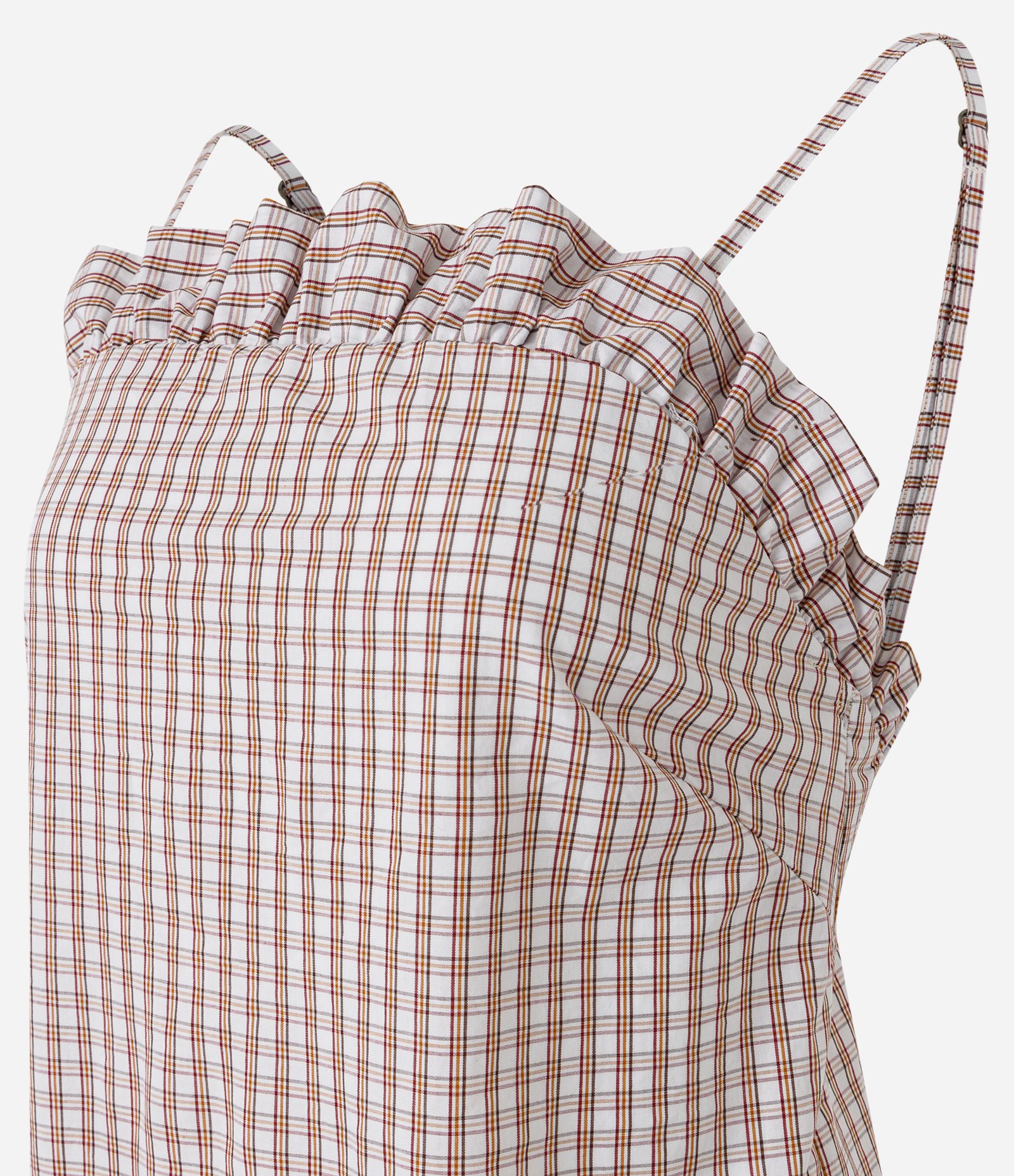 Vestido Curto em Tricoline Xadrez com Babados no Decote Bege 6