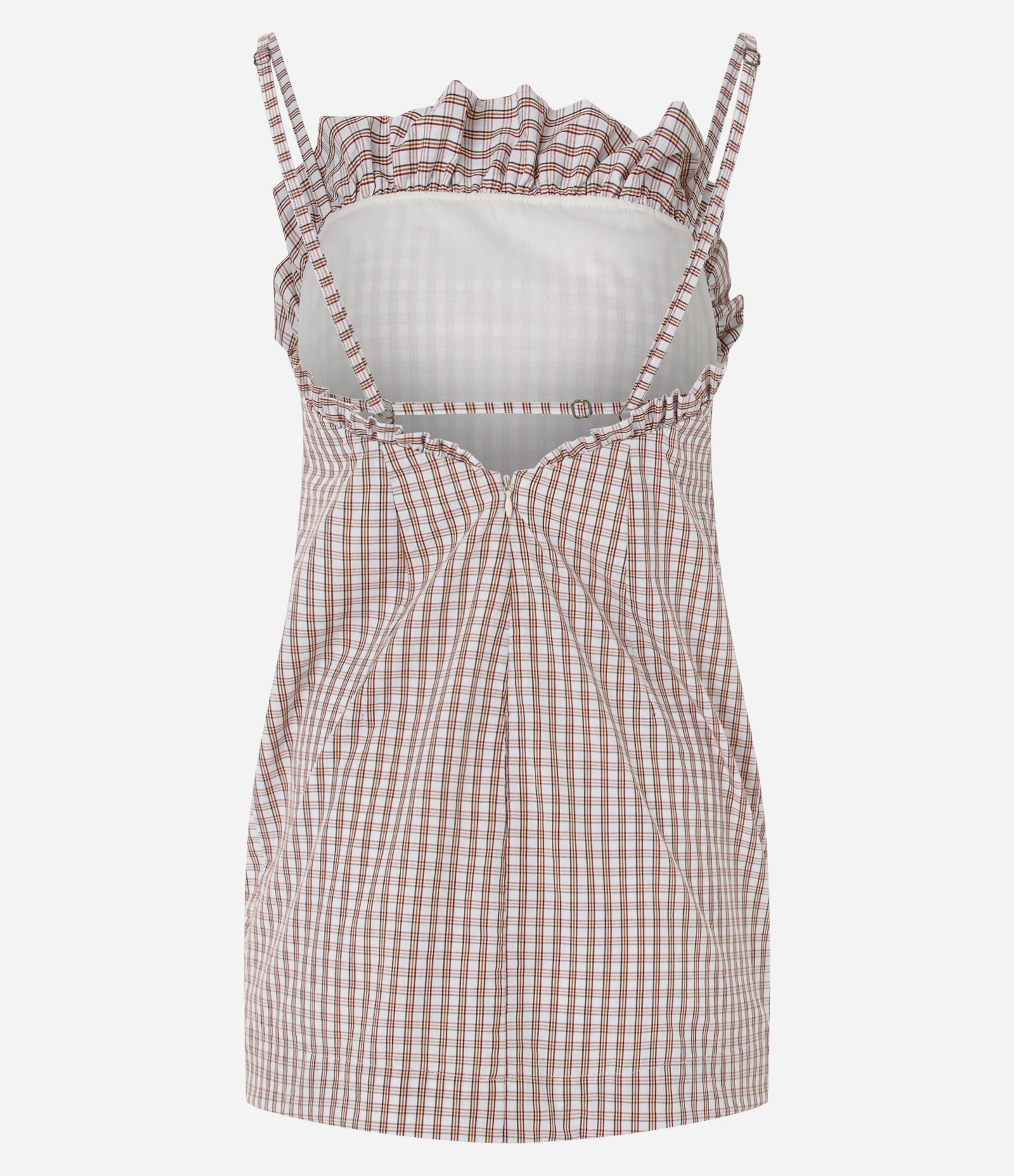 Vestido Curto em Tricoline Xadrez com Babados no Decote Bege 7