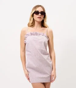 Vestido Curto em Tricoline Xadrez com Babados no Decote