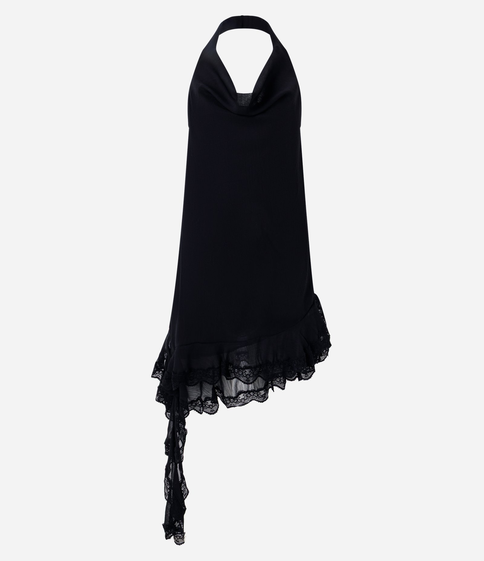 Vestido Curto com Decote Degagê e Barra Assimétrica com Renda Preto 1