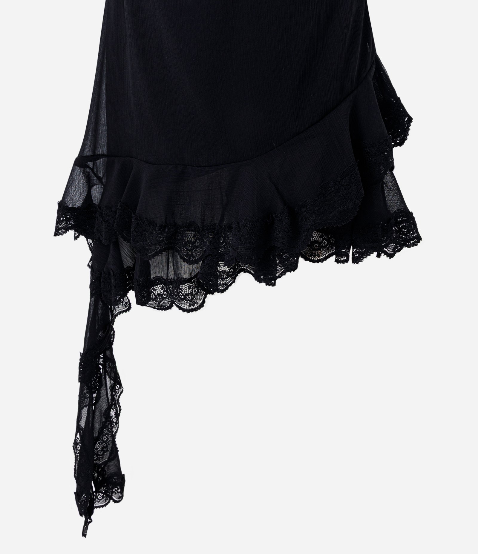 Vestido Curto com Decote Degagê e Barra Assimétrica com Renda Preto 2