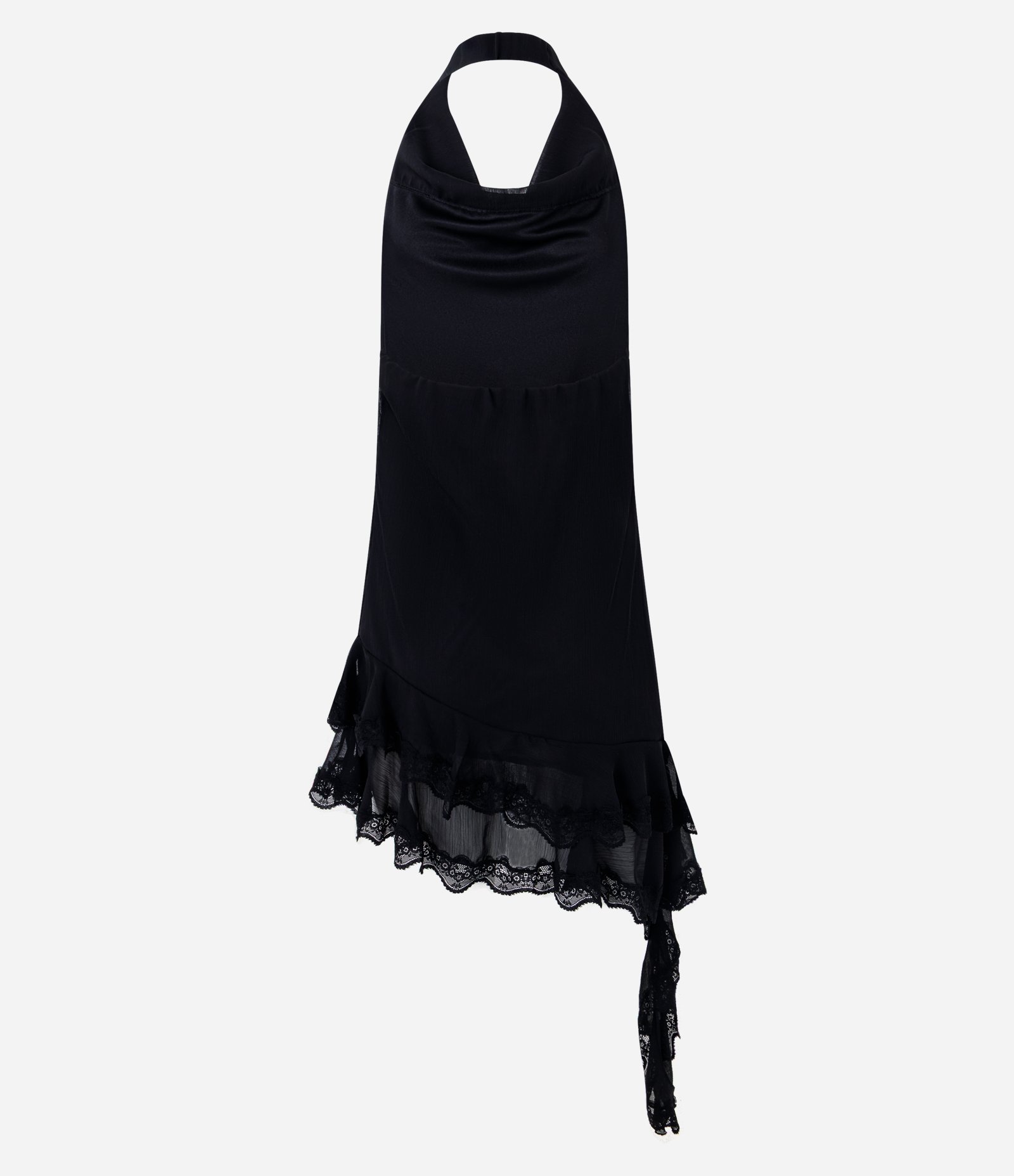 Vestido Curto com Decote Degagê e Barra Assimétrica com Renda Preto 3