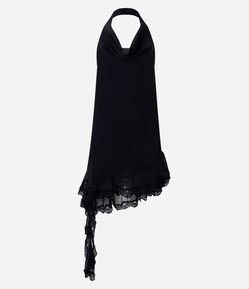 Vestido Curto com Decote Degagê e Barra Assimétrica com Renda
