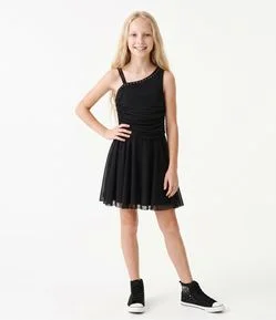 Vestido Infantil de Tule com Franzido e Aplicação de Strass - Tam 5 a 16 Anos
