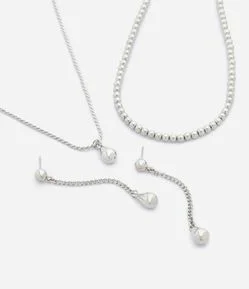Conjunto com 02 Colares e Brincos Fio com Pingente de Gota