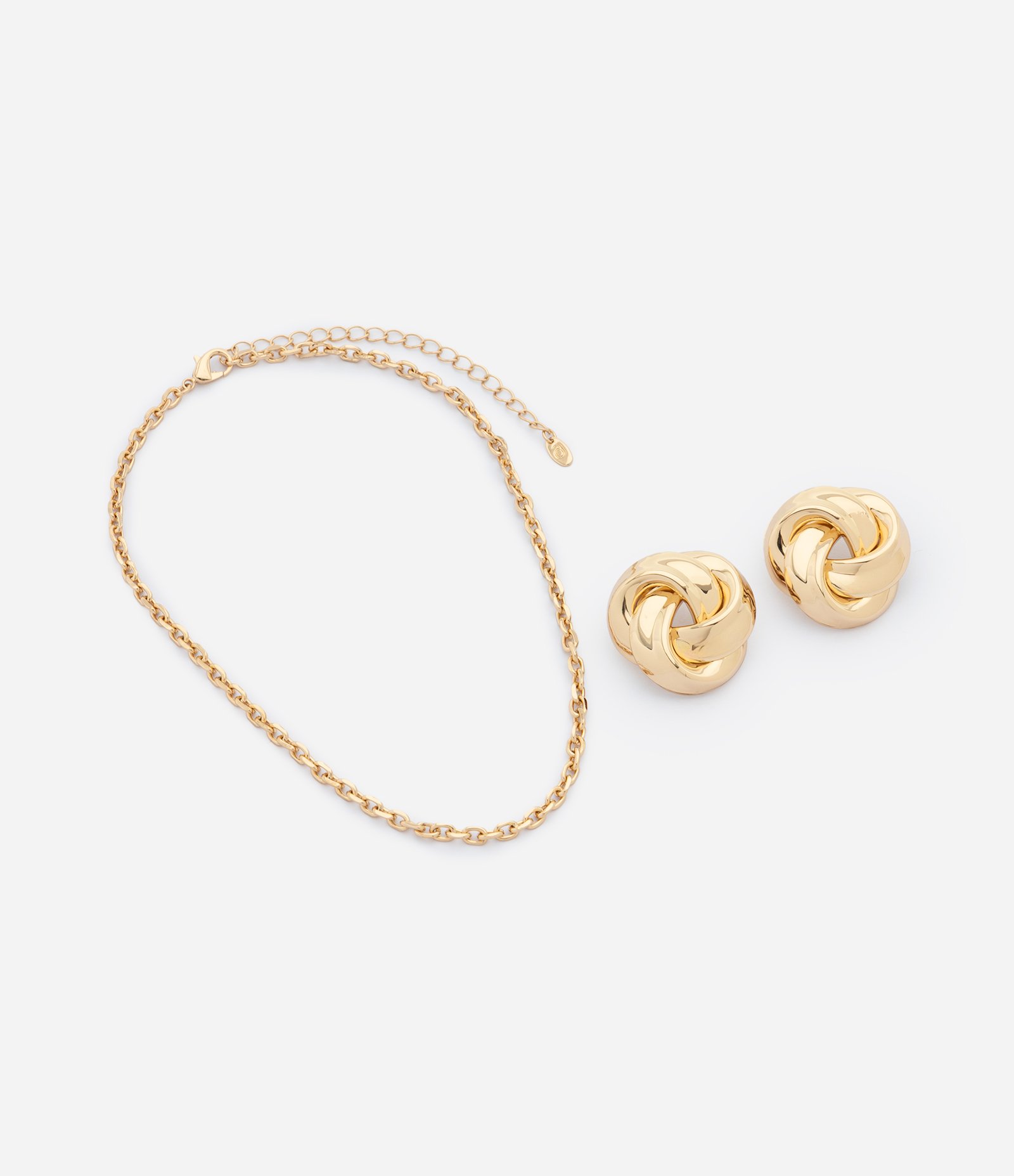 Conjunto de Colar com Corrente de Elos e Brincos com Detalhe de Nó Dourado 2
