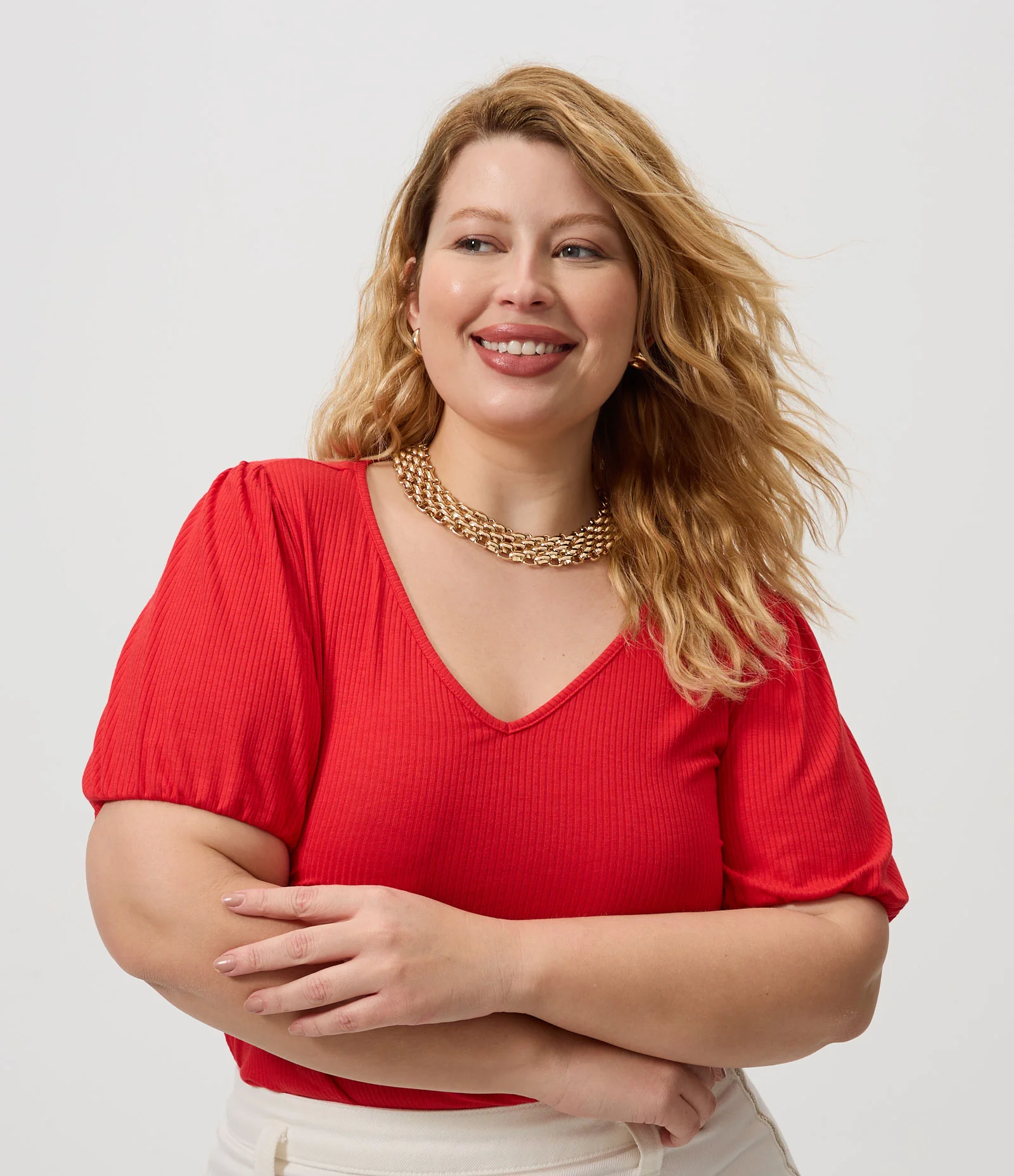 Blusa em Ribana com Manga Bufante Curve & Plus Size Vermelho 1