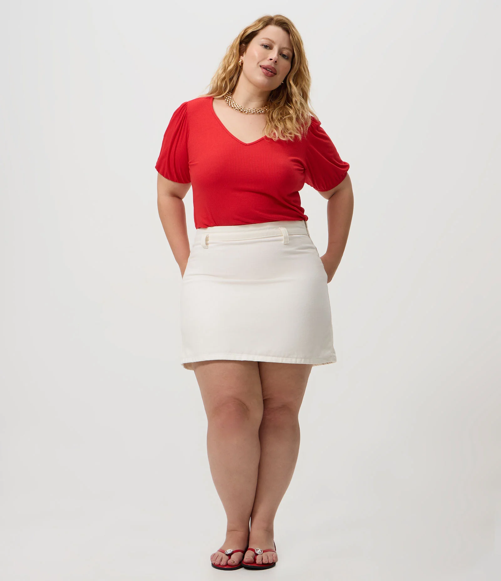 Blusa em Ribana com Manga Bufante Curve & Plus Size Vermelho 2