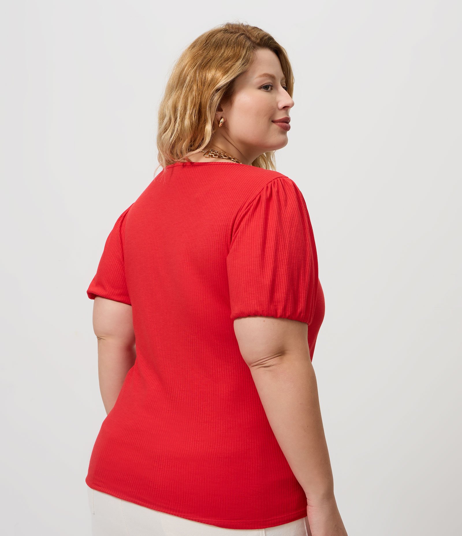 Blusa em Ribana com Manga Bufante Curve & Plus Size Vermelho 4