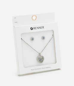 Conjunto com Colar de Coração e Brincos com Pedra Aplicada