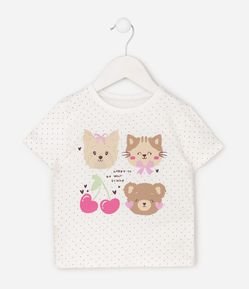 Camiseta Infantil em Cotton com Estampa Poá e Personagens com Glitter - Tam 1 a 6 Anos