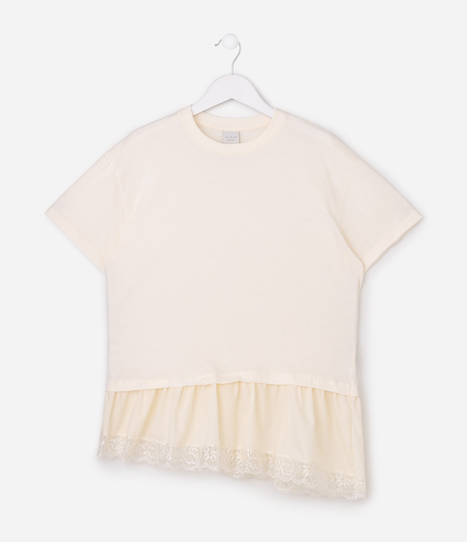 Camiseta Infantil Em Algodão Barra com Renda - Tam 5 a 16 Anos Bege 4