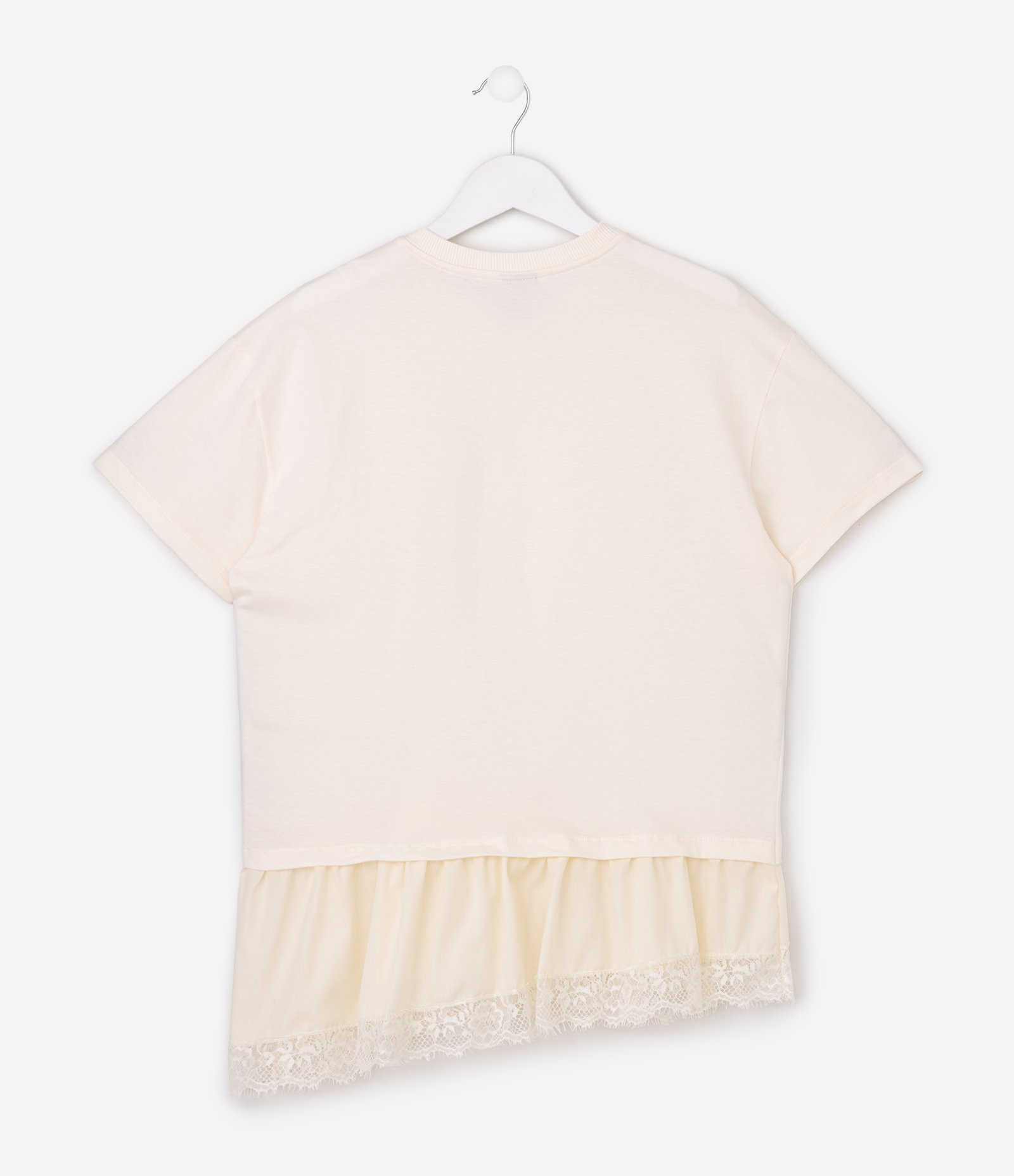 Camiseta Infantil Em Algodão Barra com Renda - Tam 5 a 16 Anos Bege 5