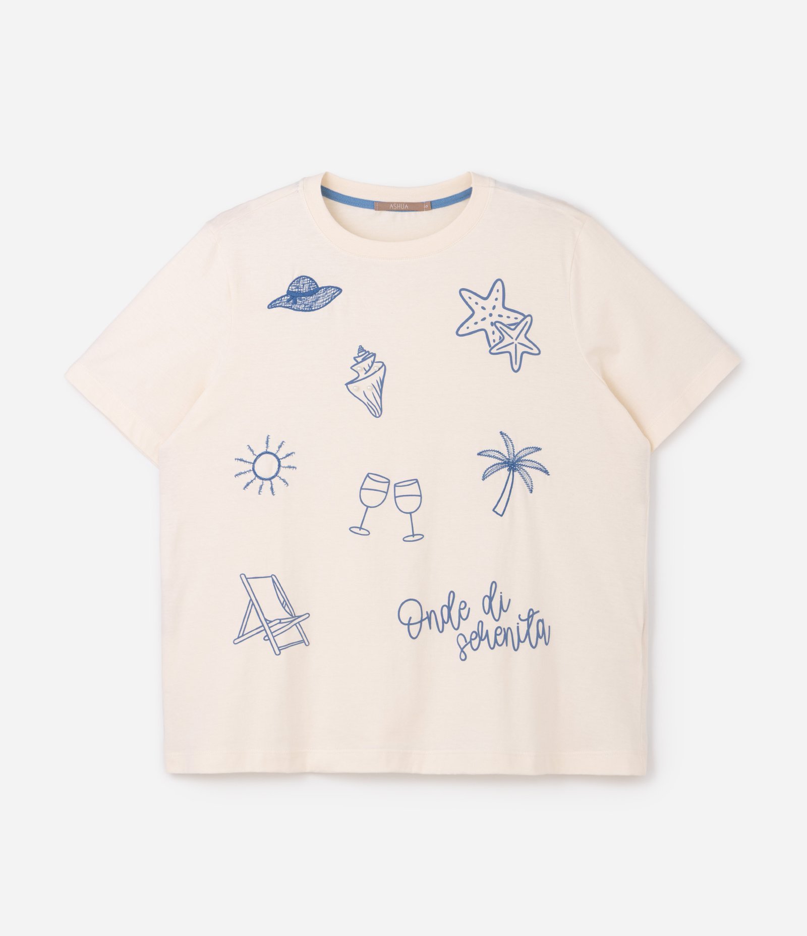 Blusa Regular em Algodão com Bordado de Ícones de Praia Curve & Plus Size Bege 1