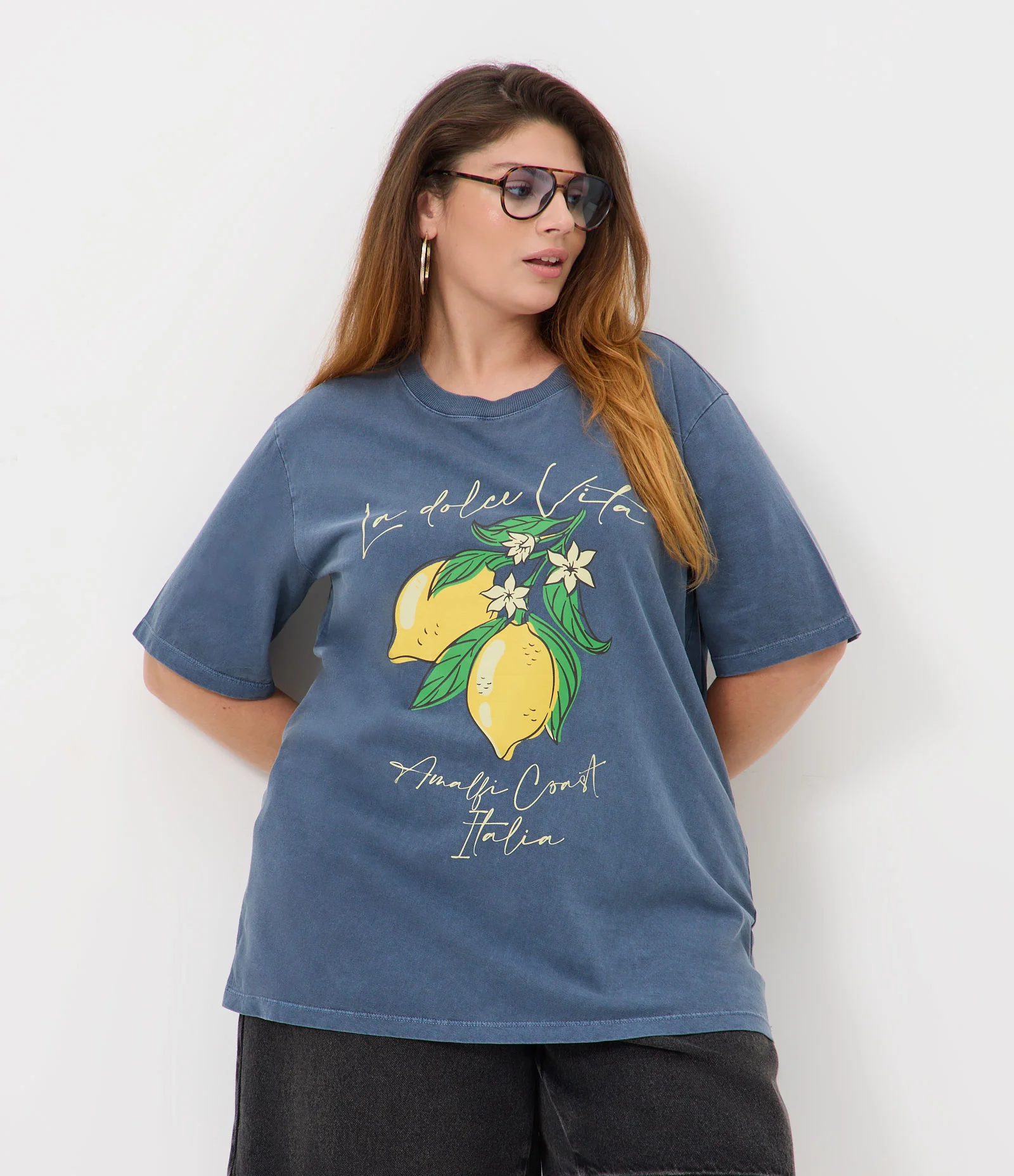 Blusa Alongada em Algodão com Estampa de Limão Curve & Plus Size Azul 1