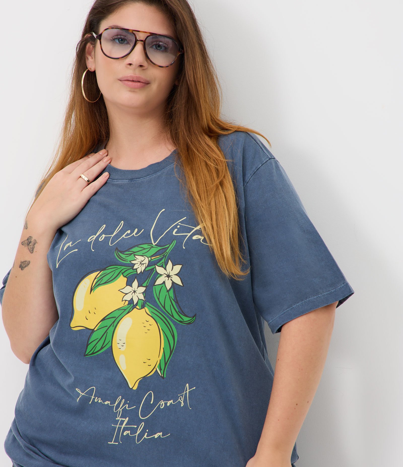Blusa Alongada em Algodão com Estampa de Limão Curve & Plus Size Azul 3