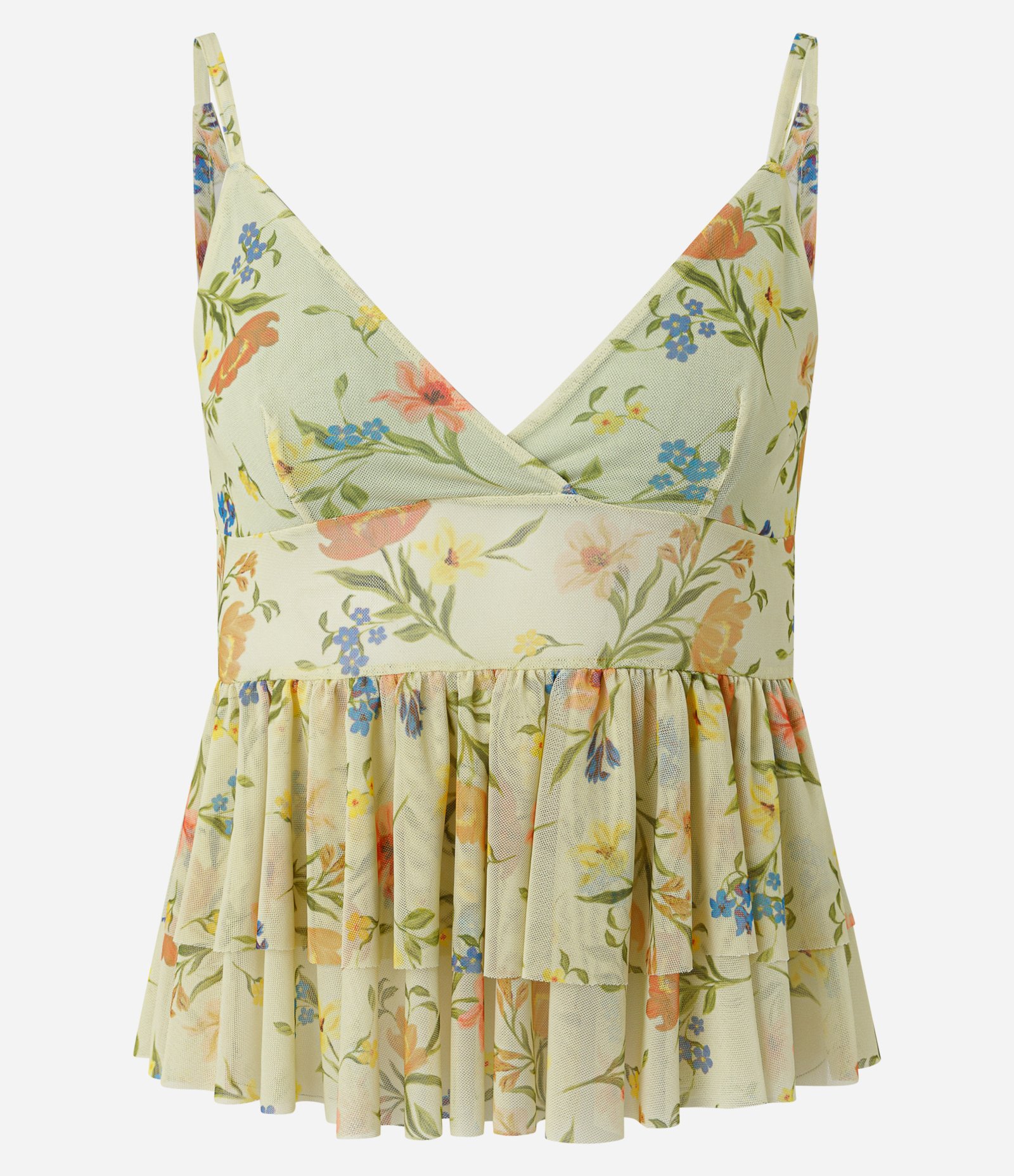 Blusa Peplum Floral em Tule com Decote Transpassado em V Amarelo 5