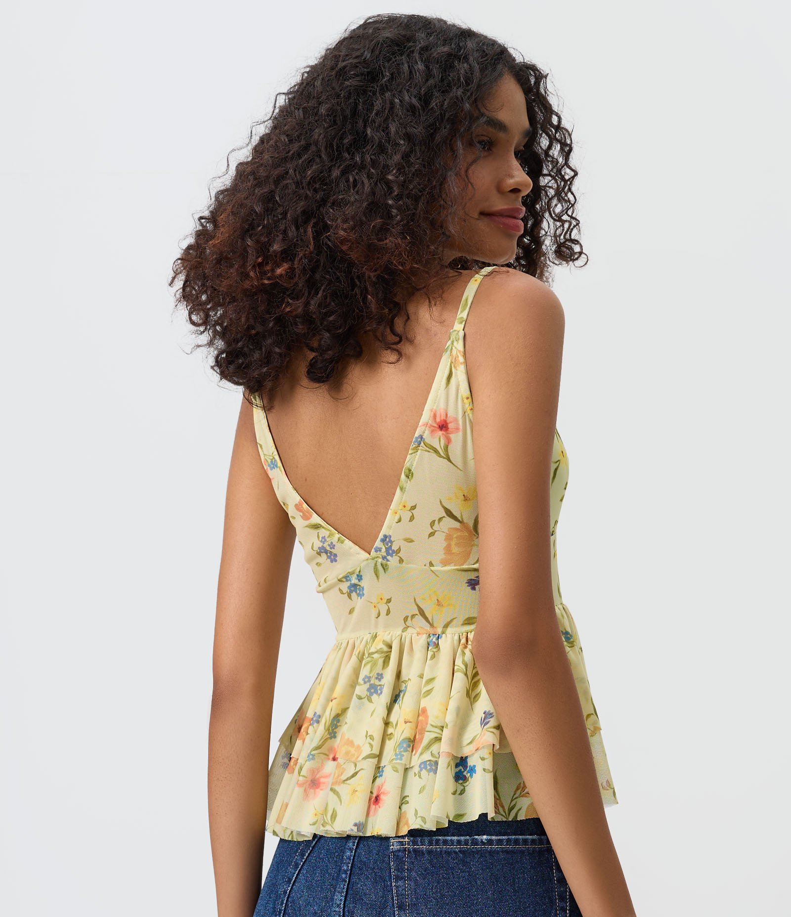 Blusa Peplum Floral em Tule com Decote Transpassado em V Amarelo 4